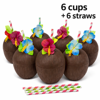 Lot de 6 gobelets en noix de coco avec pailles à fleurs d'hibiscus pour décorations de fête d'anniversaire sur le thème tropical hawaïen, plage, piscine, été