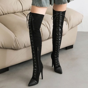 Large Size 48 Lace up Stretchy Thigh High <b>Boots</b> Women's Stiletto Over-knee Long Booties Thin Heels Wide Leg Fit - Product Image 4