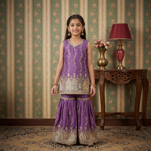 Conjunto Étnico Bordado para Niñas Rani: Kurta Morada sin Mangas y Pantalones Anchos, Atuendo para Festivales Étnicos - Product Image 1