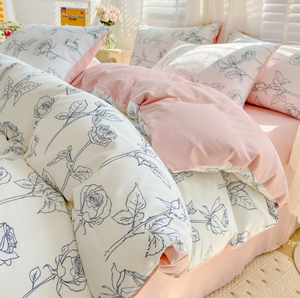 Parure <span class=keywords><strong>de</strong></span> lit imprimée roses françaises, en gaze double épaisseur, coton lavé et lin, draps doux et taies d'oreiller pour la maison - Product Image 1