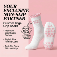 Chaussettes de yoga hautes en tricot à volants avec logo personnalisé CMAX, chaussettes de fitness pour femmes, chaussettes antidérapantes confortables et absorbantes pour le pilates