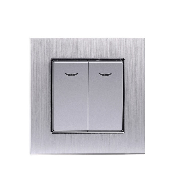 EU Standard Brushed Aluminum Single Pole Home Switch 10A 220-250V~ 2 Gang 2 Way Wall Switch