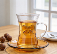 Tasse en verre borosilicate de haute qualité 175 ml avec anse en forme d'arc 3D ambre et soucoupe assortie, résistante à la chaleur pour café, latte, thé de l'après-midi