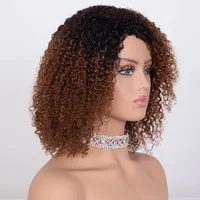Perruques en cheveux humains Remy bouclés afro avec frange mèches marron/blondes, perruque brésilienne 4A coupe bob pour femmes (couleurs plus foncées)