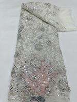NI.AI Nouvelle Arrivée Tissu en Dentelle Florale 3D Exquise Brodé de Perles et de Cristaux, Tissu en Tulle Filet Festonné pour Mariage