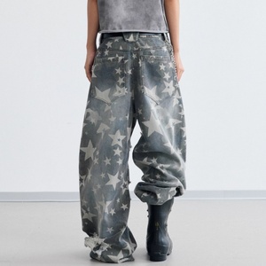 Jeans amples et décontractés pour hommes, style vintage délavé, motif étoile personnalisé, effet usé et déchiré, coupe scimitar, vente en gros - Product Image 4