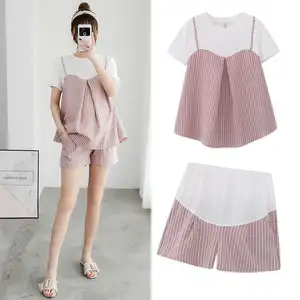 2022Maternity wear summer two-piece suit spring and summer fashion out short-sleeved striped top loose maternity shirt