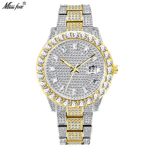 Montre de luxe en quartz avec date, or, style hip-hop, entièrement sertie de diamants, pour homme - Product Image 1