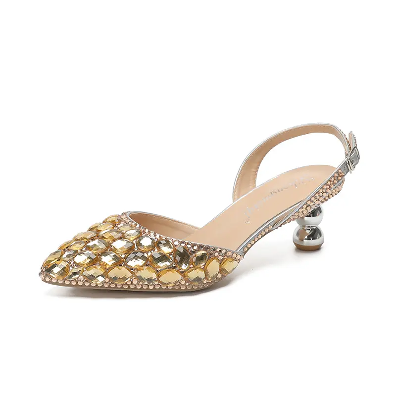 Quick Shipping Makeup Champagne Rhinestone Special Shaped Heel Ladies Banquet Women Wedding Shoes