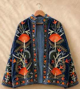 Custom Handmade Floral Embroidered Suzani <b>Velvet</b> <b>Jacket</b> Women Mandarin Collar Full Sleeve Autumn Luxury <b>Jacket</b> Wholesale Outerwe - Product Image 3