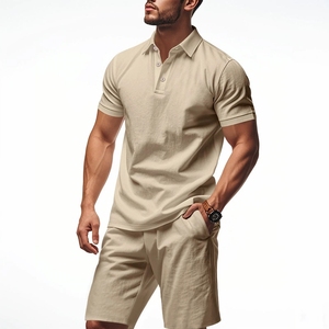 Soldes d'été : Ensemble décontracté en lin pour <span class=keywords><strong>homme</strong></span> - Chemise à manches courtes et short à taille élastique longueur genou, respirant et confortable - Product Image 2
