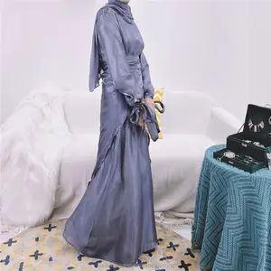 2022 Modern Satin 4 Pieces Set Muslim Women Open Abaya Dress Solid Color Dubai Arabic Modest Outfit Kimono Ramadan Party Gown