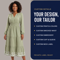 Robe midi à volants en tissu suisse brodé sur mesure pour femmes, taille smockée, col en V, vente en gros, OEM, ODM, usine