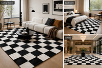 Tapis d'intérieur classique à carreaux noir et blanc lavable, à poils ras, léger, avec envers antidérapant, tissé plat, pour salon