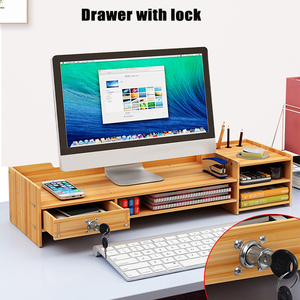 Computadora de escritorio de bambú <span class=keywords><strong>Monitor</strong></span> elevador con escritorio organizador de almacenamiento y cajón con cerradura - Product Image 3