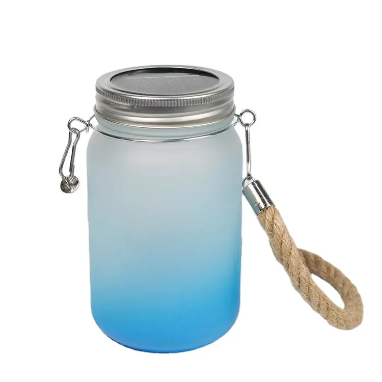 Wholesale Frosted Gradient Color 430ml Sublimation Blanks Mason Jar Lantern with Lid Handle Solar Panel Light