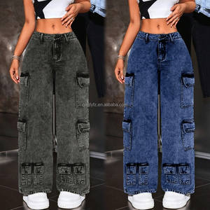 <span class=keywords><strong>Jeans</strong></span> <span class=keywords><strong>Cargo</strong></span> da <span class=keywords><strong>donna</strong></span> di alta qualità alti e lunghi con cuciture larghe stile Casual con Logo in vita a buon mercato prezzo all'ingrosso della fabbrica di Denim - Product Image 2