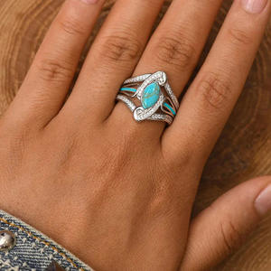 Anello da Cocktail Geometrico da Donna T0917 con Pietra Naturale Turchese Taglio Marquise e Incastonatura Pavé, Anelli di Moda per Matrimonio - Product Image 6