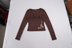 เสื้อยืดแขนยาวทรงเข้ารูป คอวี ลายดอกไม้ สำหรับผู้หญิง พร้อมดีเทลจับจีบช่วงอก แห้งเร็ว ผลิตจากผ้าสแปนเด็กซ์/คอตตอน สไตล์วินเทจ สีพื้น เหมาะสำหรับฤดูใบไม้ร่วง - Product Image 2