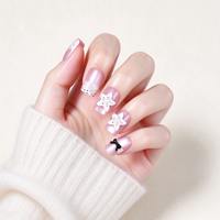 32pcs Kuku Palsu Pink Magnetic Cat Eye Full Cover ABS Press on Nails Tips Medium-Long Square 3D Flower Black Bow Lace Polka Dot