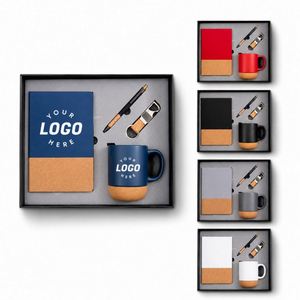 Custom logo A5 Notebook Pen Keychain Cork Base Ceramic Coffee Cup <b>Mug</b> With Cork Bottom Festival Promotional Business Gift Set - Product Image 1