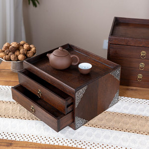 Caja de almacenamiento de té tailandesa vintage de madera maciza con 3 cajones y tapa para pastel de té Pu-erh, organizador de escritorio - Product Image 4