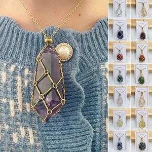 Usine Réglable Cristal Naturel Argent 18K <span class=keywords><strong>Or</strong></span> Chaîne En Acier Inoxydable <span class=keywords><strong>Maille</strong></span> Creuse Tissé Pierre Cage Titulaire Pendentif Collier - Product Image 4