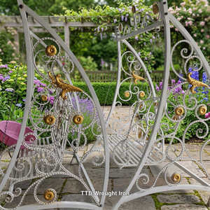 Heavy Duty Black Wrought Iron Porch <b>Swings</b> with Stand Contemporary Design for Outdoor Use in Garden or Patio - Product Image 2