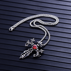 Collar gótico vintage para hombre con cruz, colgante <span class=keywords><strong>de</strong></span> crucifijo ornamentado con flor-<span class=keywords><strong>de</strong></span>-<span class=keywords><strong>lis</strong></span> y gemas rojas y negras, joyería hip hop para motociclistas. - Product Image 5