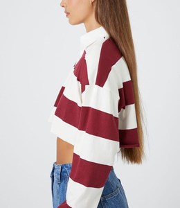 Chemises polo pour femmes à rayures contrastées rouge et blanc surdimensionnées à épaules tombantes avec broderie personnalisée, chemise de <span class=keywords><strong>rugby</strong></span> courte - Product Image 4
