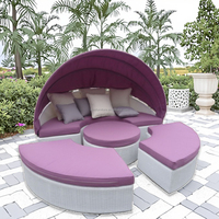 Cama de día de mimbre para todo tipo de clima al aire libre con sombrilla Venta caliente Sofá cama redondo de mimbre Patio junto a la piscina Cama de playa redonda con dosel