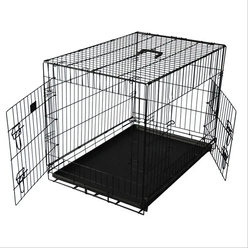 42'' 2 Doors Wire Folding Pet Crate Dog Cat Cage Suitcase Kennel Playpen Dual Latching Cages With Tray