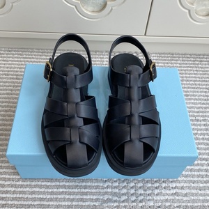 Black Genuine Leather women's Flat Sandals designer fashion Buckle Closure <b>Platform</b> Rubber Sole luxury men's Slides slippers - Product Image 1