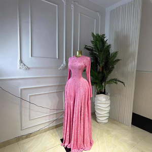 Robe longue rose brodée à manches longues, boutonnée sur le devant, coupe trapèze, longueur ras du sol, robe décontractée pour soirée - Product Image 2