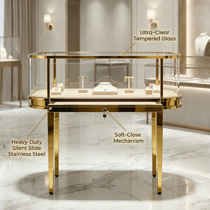 Vetrina Espositiva per Gioielli di Lusso Moderna in Acciaio Inox Dorato, Bancone per Negozio di Gioielli di Alta Gamma con Vetro Curvo e Serratura - Product Image 2
