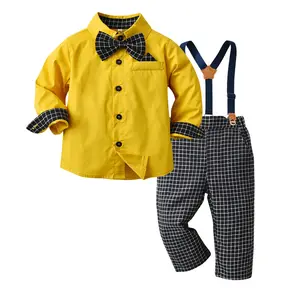 0-6 세 가을 노란색 긴팔 코튼 셔츠 새로운 소년 격자 무늬 바지 투피스 정장 유럽과 미국의 신사 정장