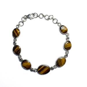 Tiger Eye 925 Silver Chain <b>Bracelet</b> Bezel Set Natural <b>Stone</b> Luxury Classic Style Unisex Everyday Wear Wedding Anniversary Gift - Product Image 1