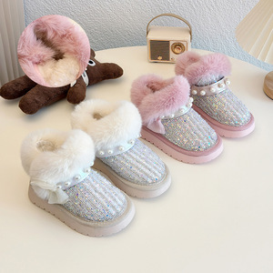 Roze Witte Kindermode Winter Sneeuw Harige Parel Strass Prinsestone Laarzen Meisjes Fleece Gevoerde Warme Laarzen - Product Image 3