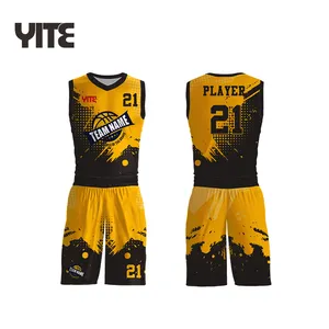 Kaus Tim Basket Desain Kustom Seragam Basket Kuning dan Hitam Cetak Sublimasi untuk Pria