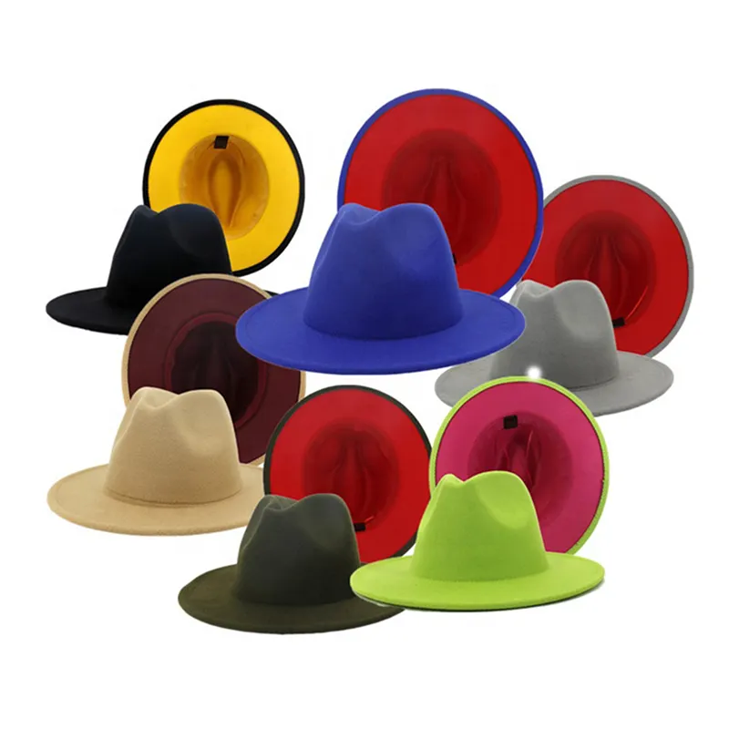 Großhandel NY Modedesigner Unisex zweifarbige Floppy flache breite Krempe Wolle Filz Cowboy Kleid Fedora Hüte für Männer und Frauen