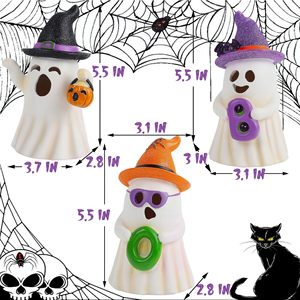 Lot de 3 figurines fantômes lumineuses LED « Boo » pour Halloween avec chapeau de sorcière et citrouille, lampe décorative de table pour Halloween, cadeaux de fêtes - Product Image 5