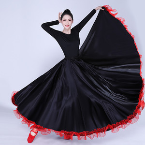 Jupe de danse flamenco pour femme, en satin, grande jupe longue <span class=keywords><strong>maxi</strong></span> évasée, taille élastique, en tulle noir avec ourlet à volants, pour spectacle de corrida espagnole, pour adultes - Product Image 2