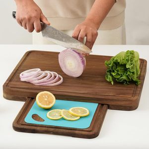 Solid Wood Cutting Board <b>Set</b> 43.2 X 33 X 3.3 Cm With Non Slip Mat Double Sided Multi Functional For Kitchen Use - Product Image 1