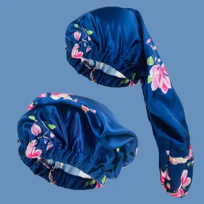African Custom Logo Round Long Bonnet with Snap Hat Women Braid Night Sleeping Satin Silky Head Wrap