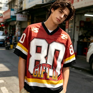 Jersey de Fútbol Americano Personalizado al por Mayor con Estampado de Llamas, Logotipo en Degradado, Malla con Parches, Estilo Retro, Cuello en V, Ropa Deportiva Casual - Product Image 4