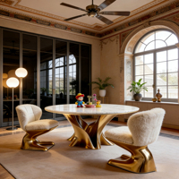 Zeitgenössischer Luxus-Esstisch Rund mit Goldbasis Moderne Esszimmermöbel für Zuhause und Hotel