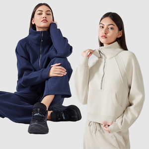 Automne et hiver Plus velours épaissi demi fermeture éclair haut col montant décontracté polyvalent chaud <span class=keywords><strong>sport</strong></span> sweats à capuche <span class=keywords><strong>pull</strong></span> pour les femmes - Product Image 1