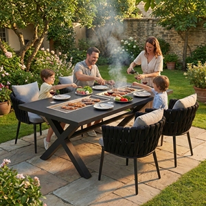 Table de barbecue extérieure en aluminium avec double grille, ensemble table et chaises pour patio, jardin, villa, hôtel – Noir – Vente chaude usine - Product Image 4