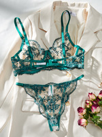 Conjunto de Lencería Sexy con Bordado Floral y Malla Transparente, Cómodo y Sencillo, con Sujetador Push-Up Erótico y Braguitas