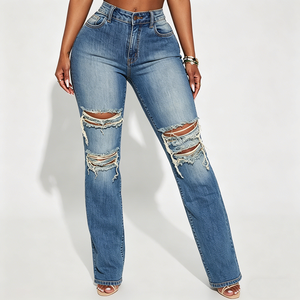 Jeans Skinny Strappati a Vita Alta in Denim Elasticizzato Taglie Forti da Donna e Ragazza con Buchi - Vendita all'Ingrosso - Product Image 3